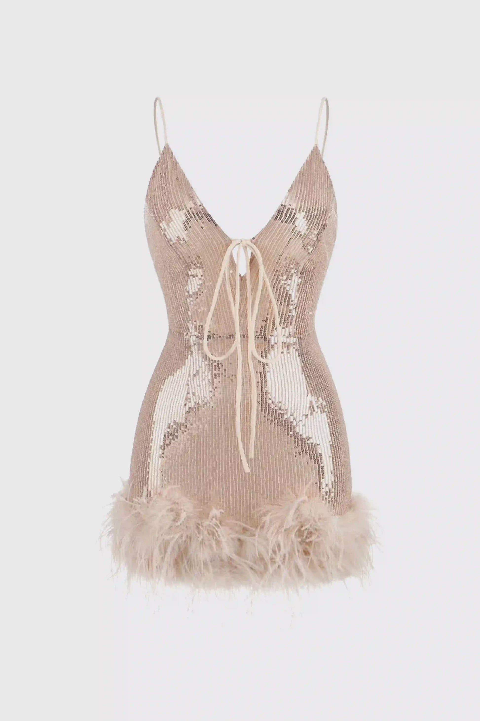 Glittering V-neck feather-embellished mini slip dress