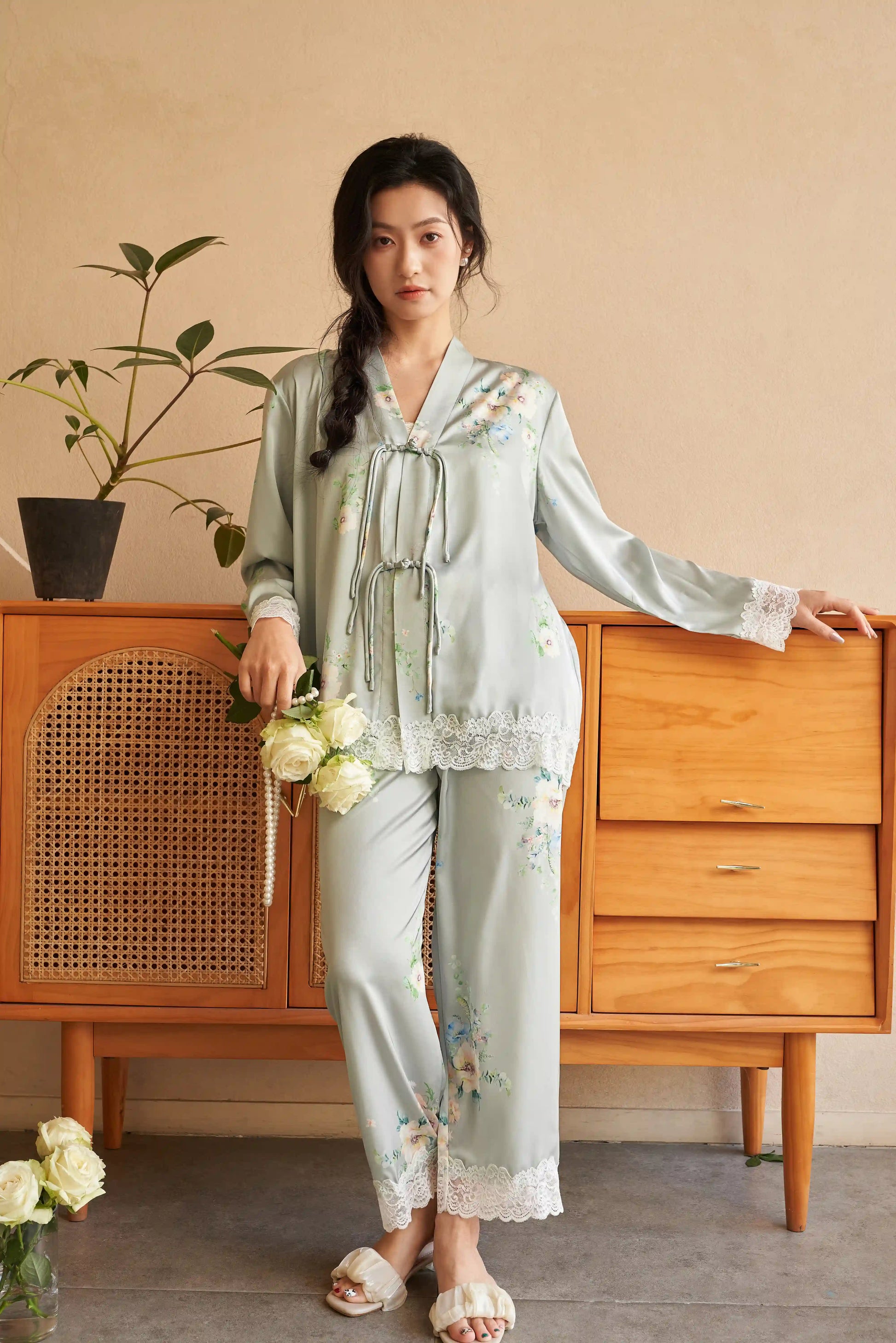 Oriental style pajamas - Flowers Blooming Like a Dream - Green