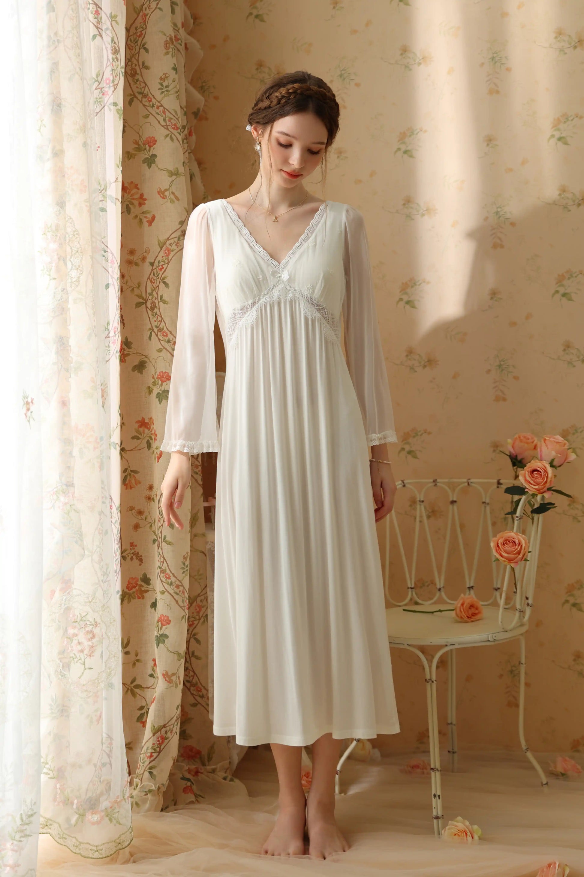 Elegant V-neck mid-length nightgown / home wear