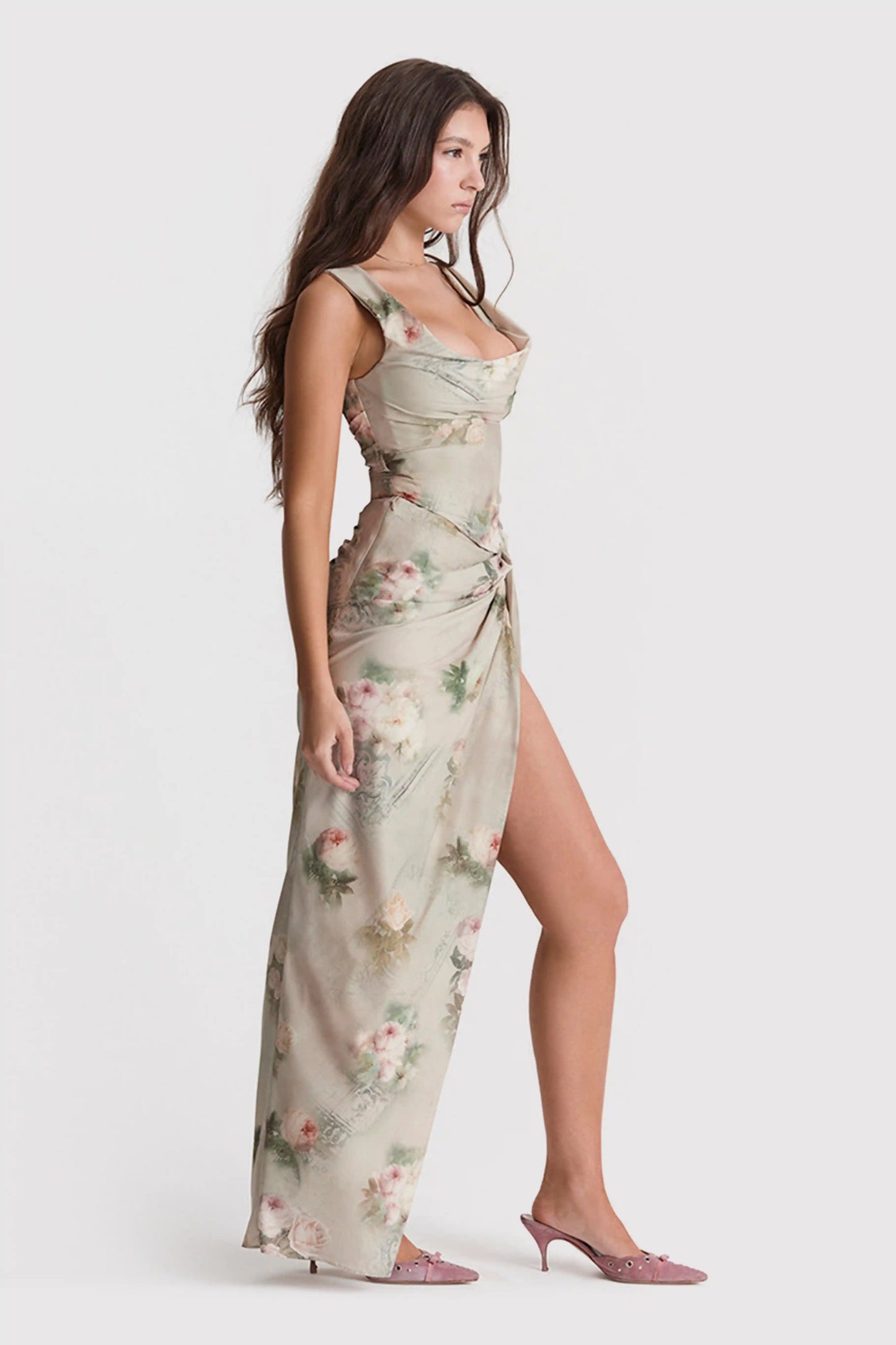 Vintage Print Draped Slit Two-Piece Dress