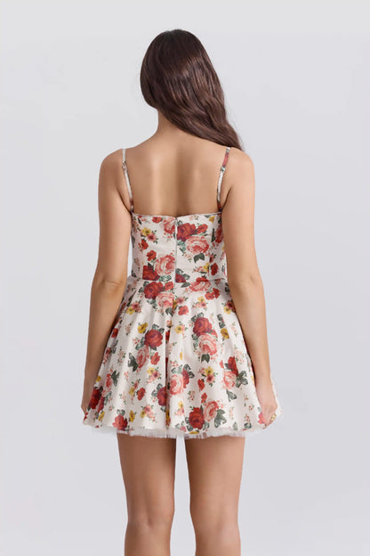 Elegant printed spaghetti strap fitted tulle mini tank dress