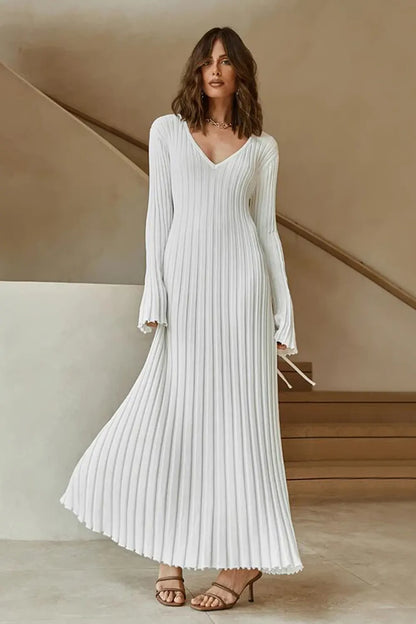 Simple casual V-neck solid color knitted midi dress