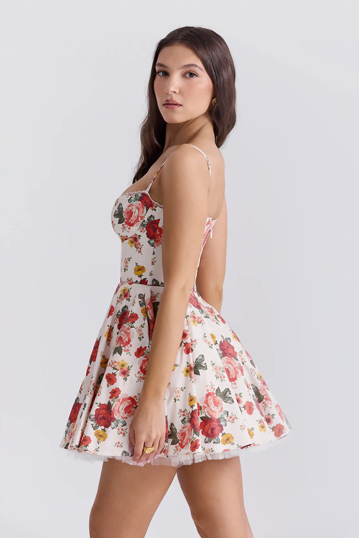 Elegant printed spaghetti strap fitted tulle mini tank dress