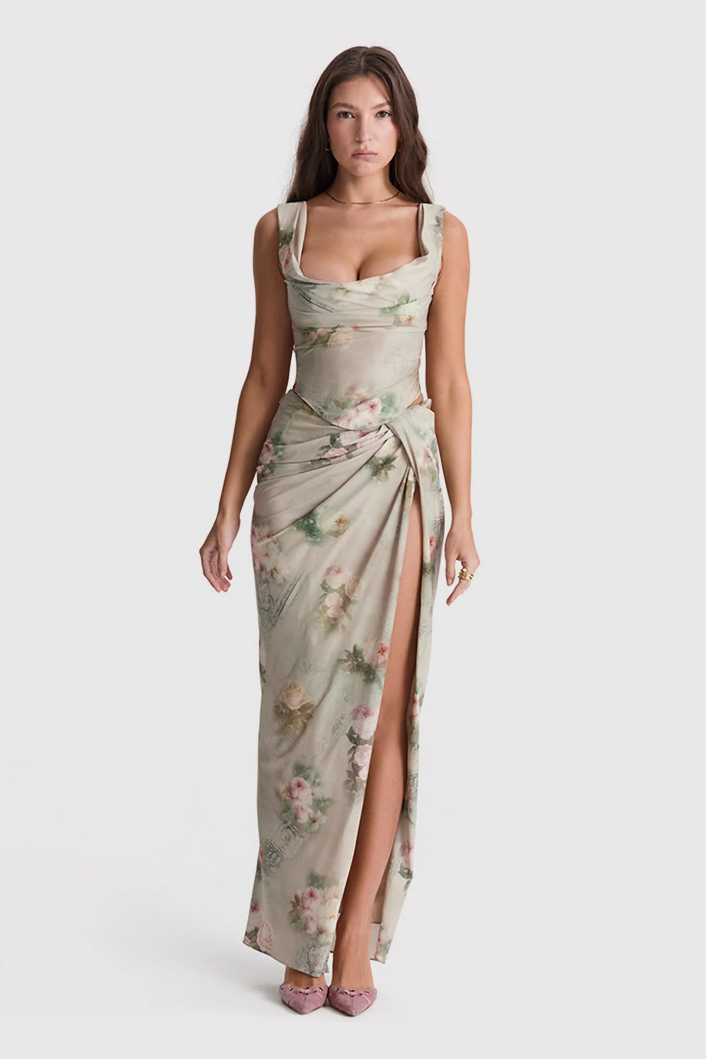 Vintage Print Draped Slit Two-Piece Dress