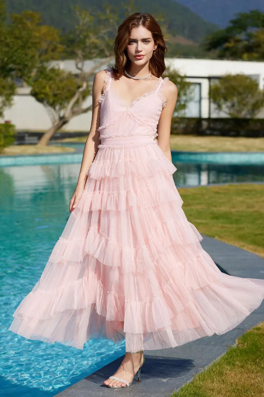 French V-neck layered tulle evening gown