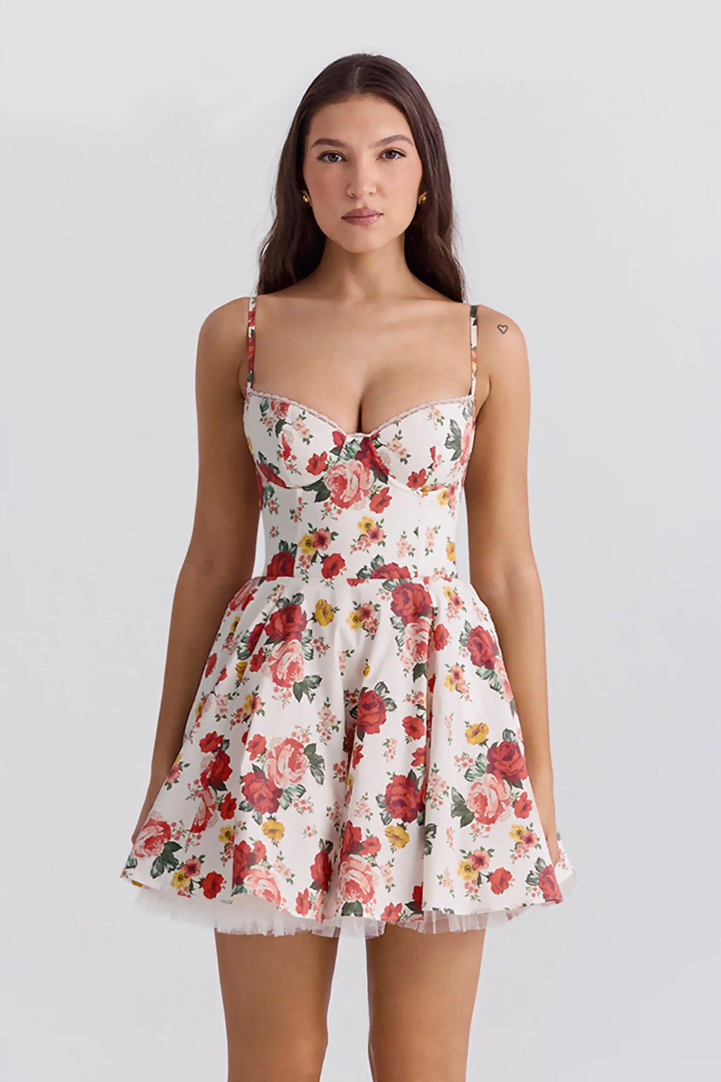 Elegant printed spaghetti strap fitted tulle mini tank dress