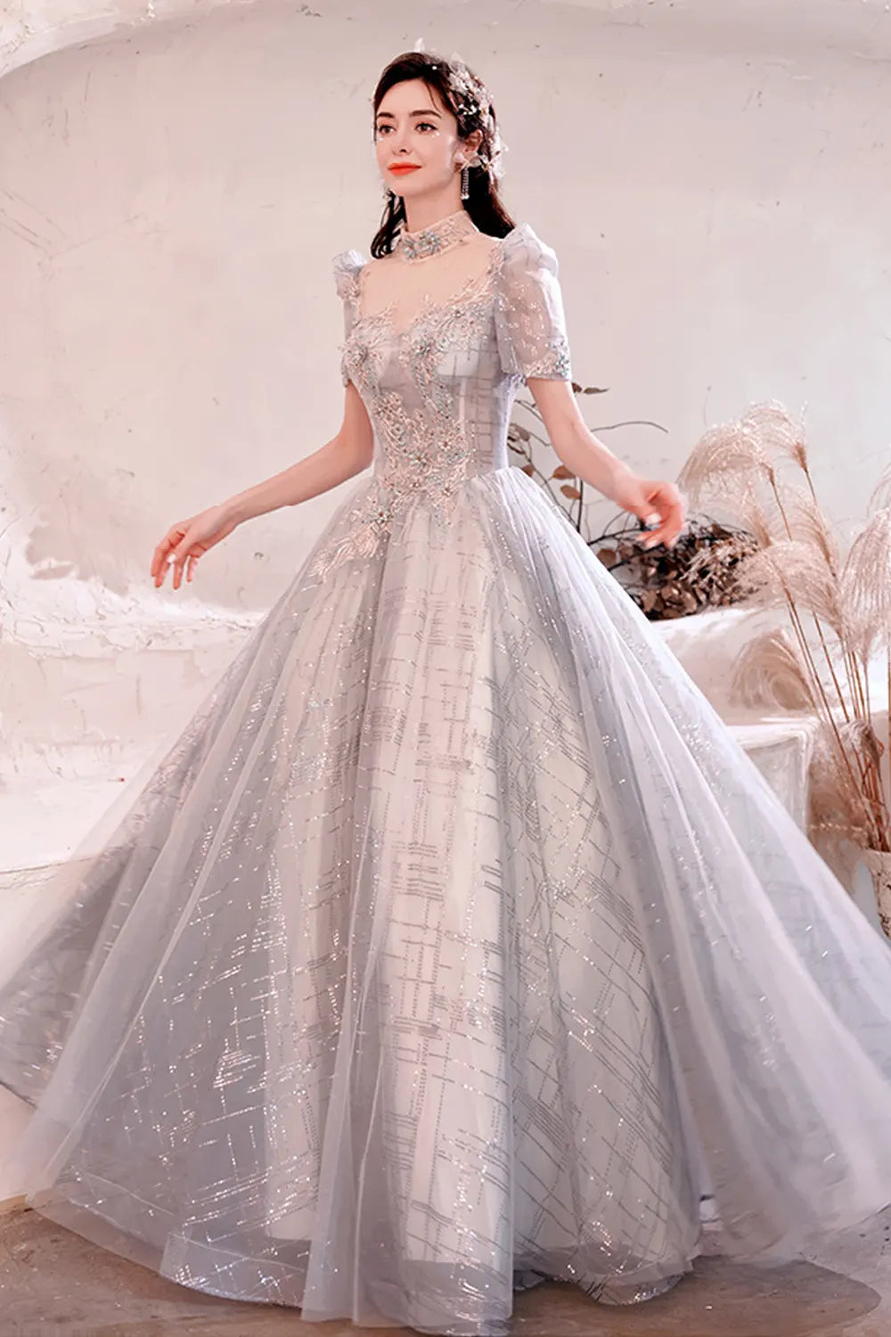 Silver Grey Floral Embroidered Tulle Evening Dress