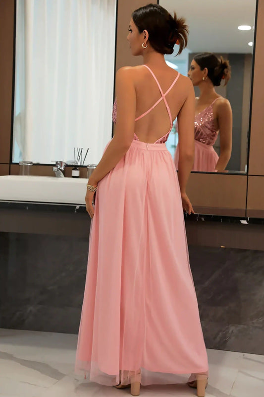 Elegant Deep V High Slit Backless Sequined Tulle Maxi Dress