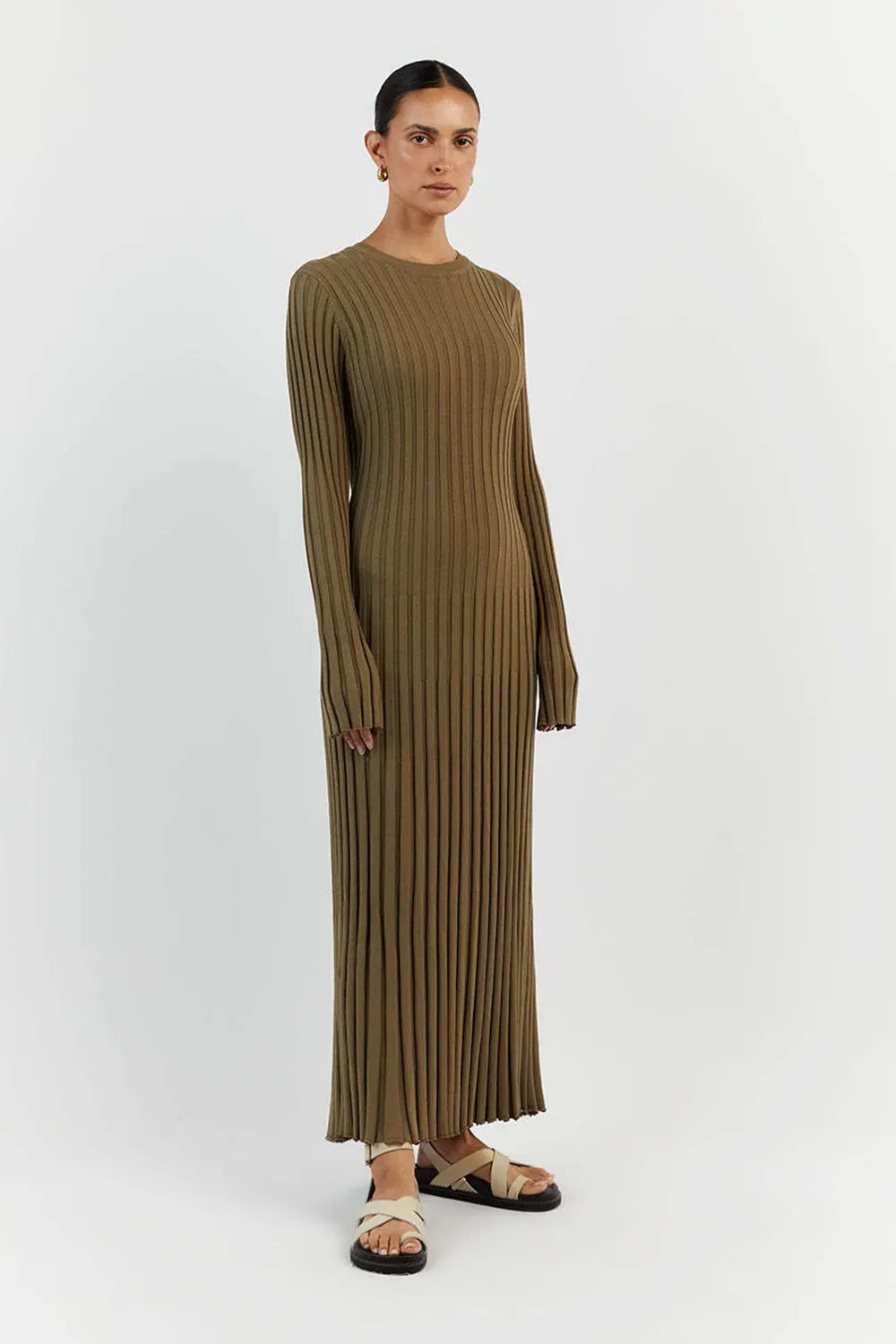 Simple Casual Solid Color Knitted Sweater Midi Dress