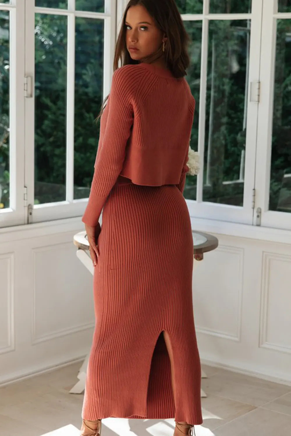 Simple casual ribbed knit sweater & long skirt two-piece set