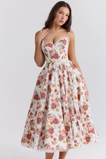 Elegant Floral Tulle Midi Dress