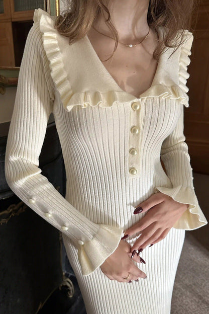 French Elegant Peter Pan Collar Ruffled Long Sleeve Sweater Midi Dress