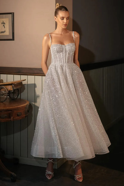 Fashionable shiny waist tulle sling evening dress