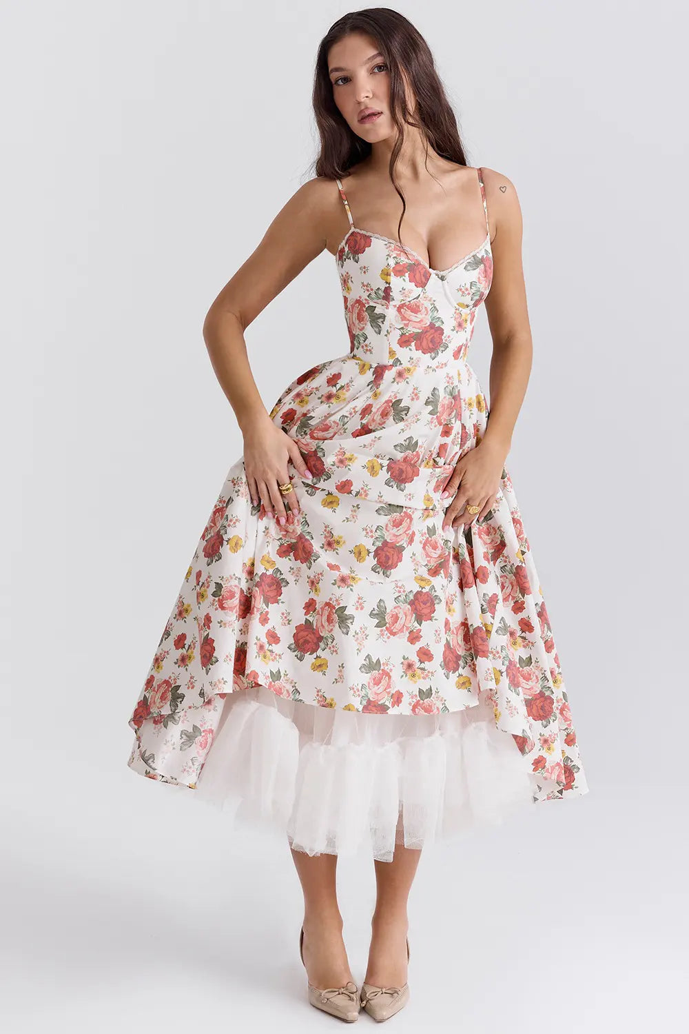 Elegant Floral Tulle Midi Dress