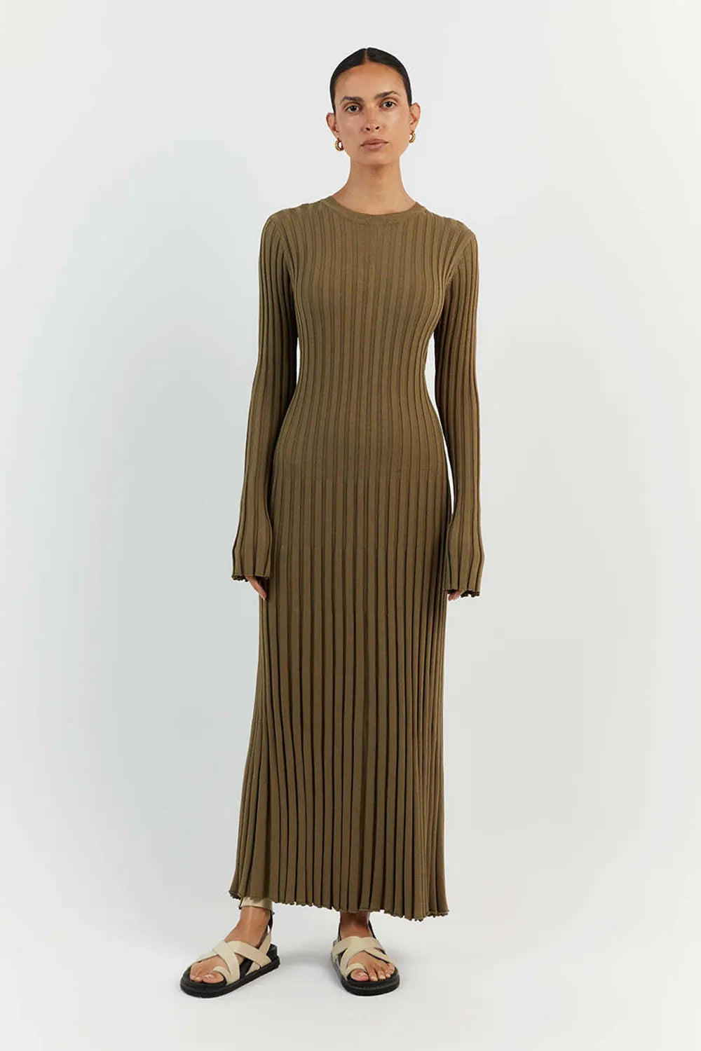 Simple Casual Solid Color Knitted Sweater Midi Dress