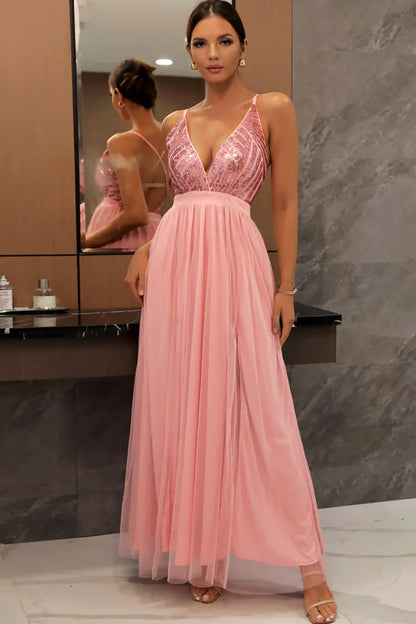 Elegant Deep V High Slit Backless Sequined Tulle Maxi Dress