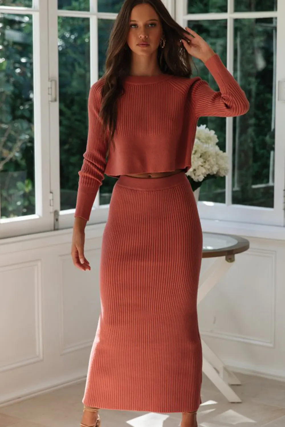 Simple casual ribbed knit sweater & long skirt two-piece set