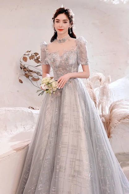 Silver Grey Floral Embroidered Tulle Evening Dress