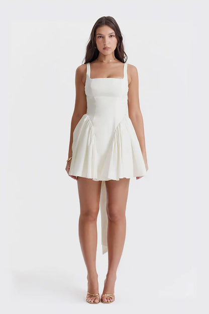 Simple and Elegant Bow Backless Mini Pleated Tank Dress