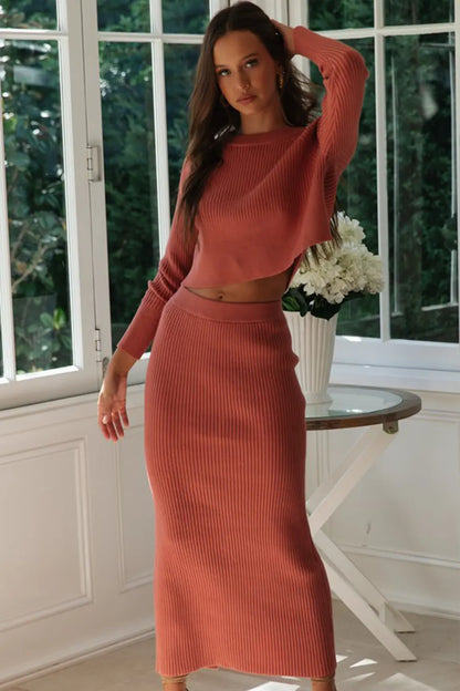 Simple casual ribbed knit sweater & long skirt two-piece set