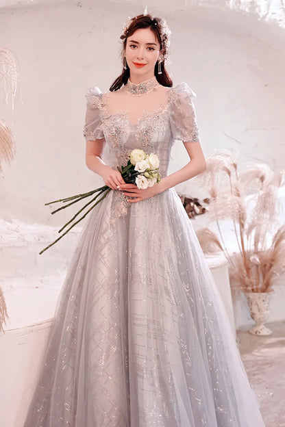 Silver Grey Floral Embroidered Tulle Evening Dress