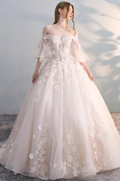 Elegant Floral Tulle Wedding Dress with Train