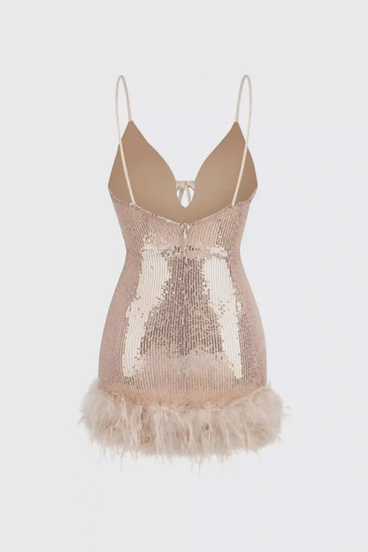 Sparkling deep V-neck feather-embellished mini slip dress