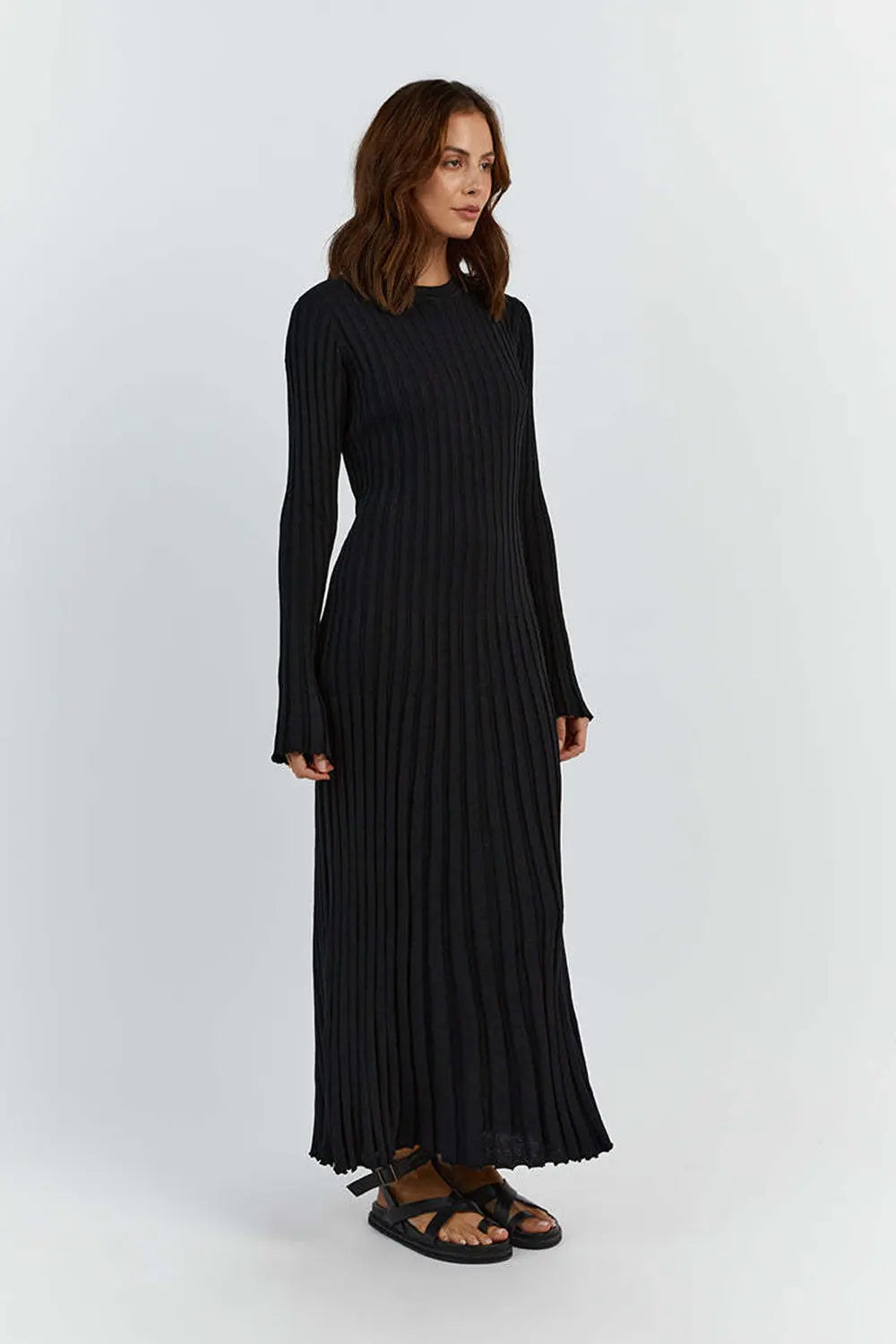 Simple Casual Solid Color Knitted Sweater Midi Dress