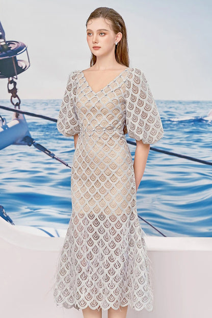 Elegant V-neck fish scale design summer dress