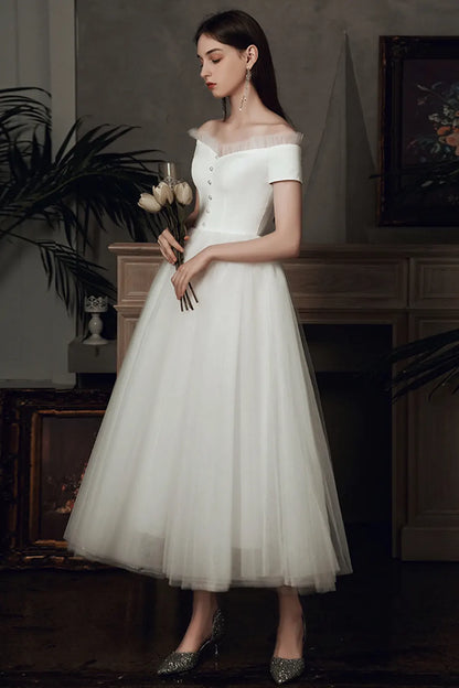 White Elegant Simple Satin Wedding Dress