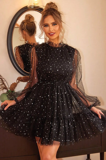 Black Star Print Tulle Mini Dress