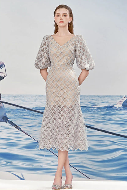 Elegant V-neck fish scale design summer dress