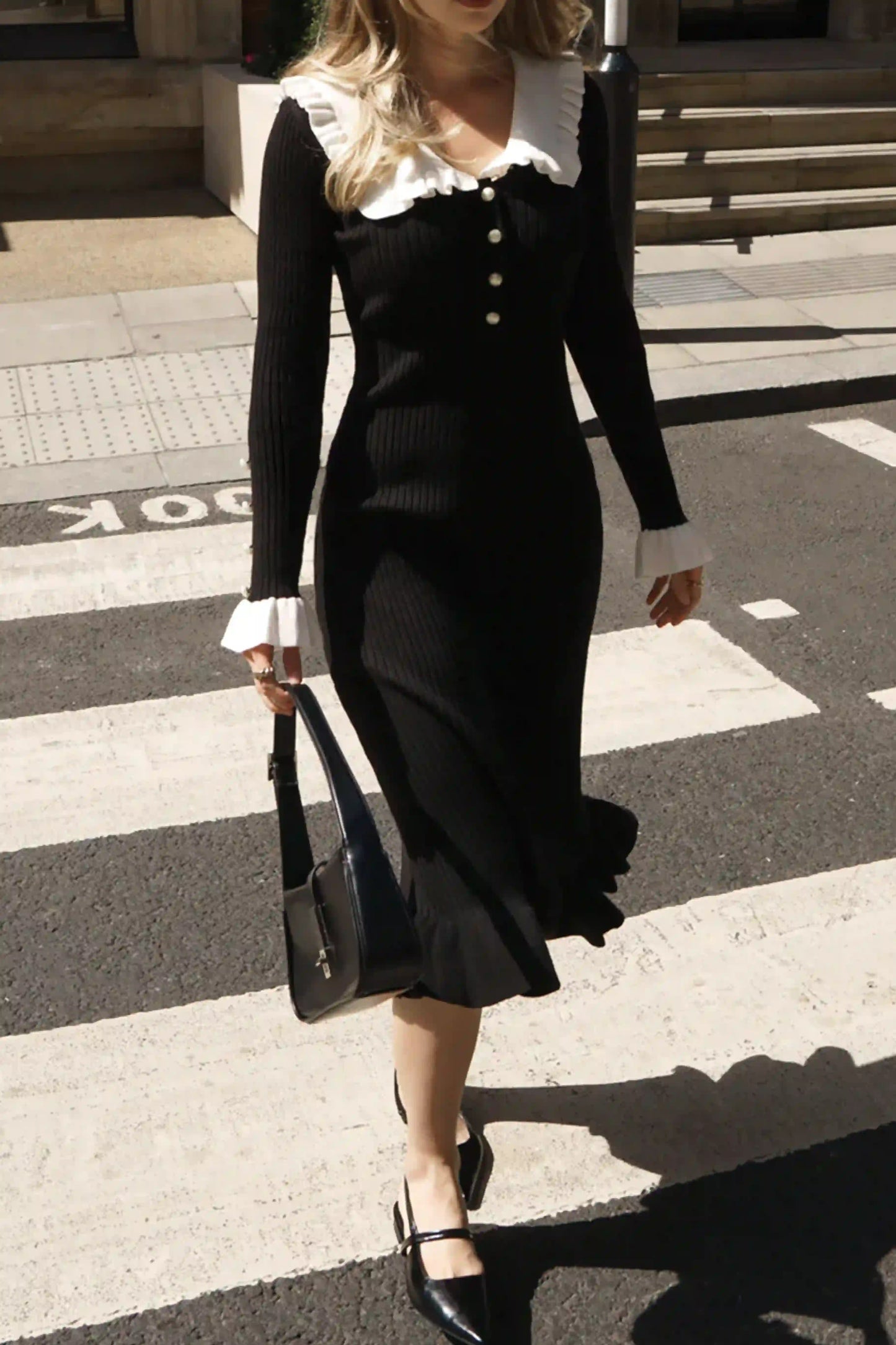 French Elegant Peter Pan Collar Ruffled Long Sleeve Sweater Midi Dress