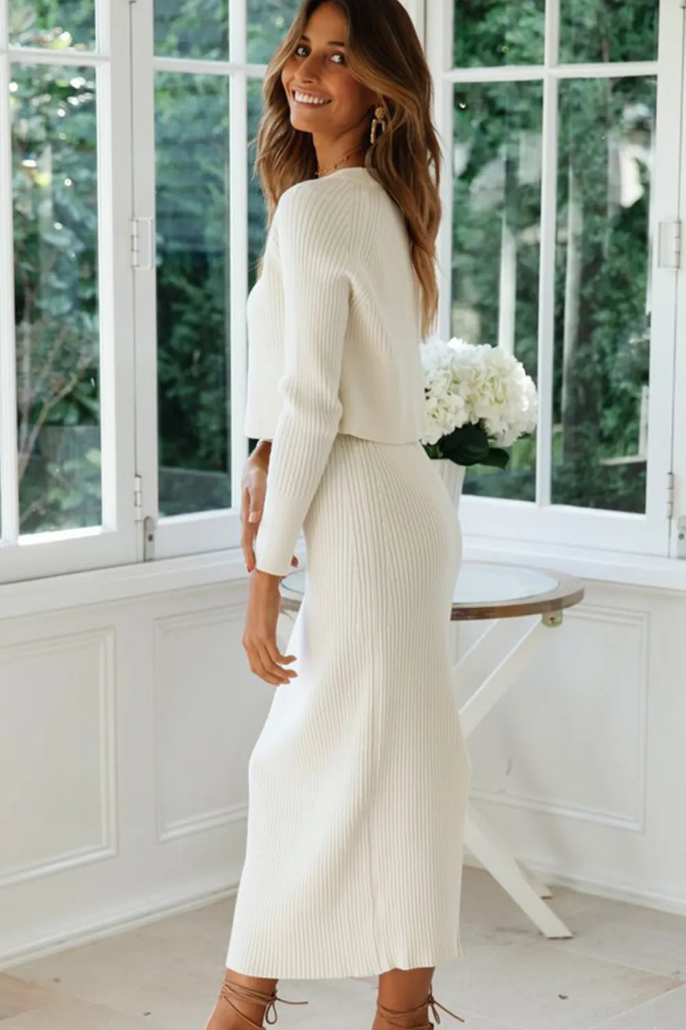 Simple casual ribbed knit sweater & long skirt two-piece set