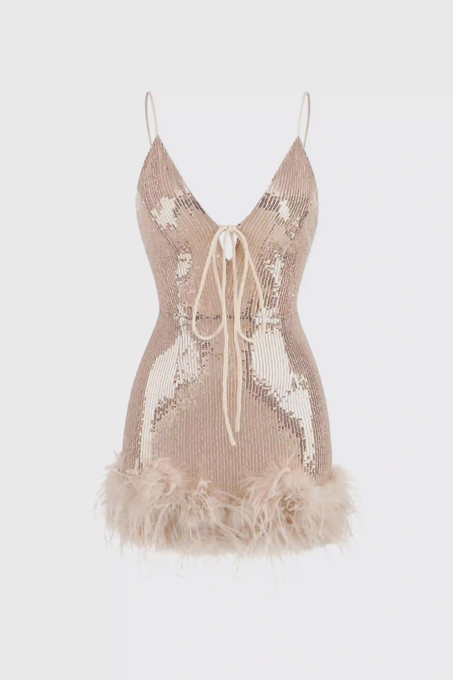 Sparkling deep V-neck feather-embellished mini slip dress