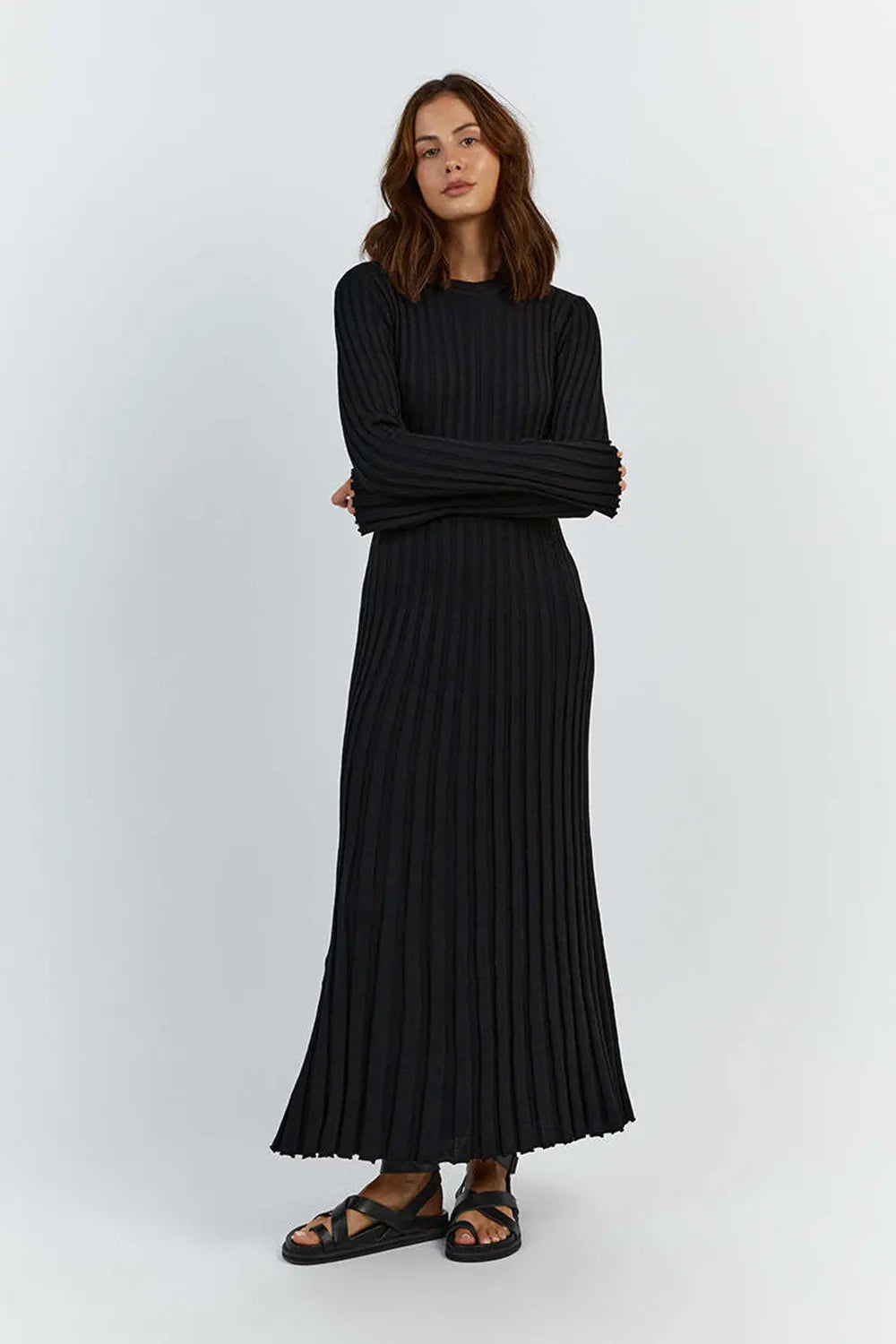 Simple Casual Solid Color Knitted Sweater Midi Dress