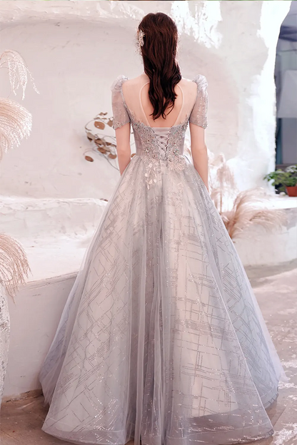 Silver Grey Floral Embroidered Tulle Evening Dress