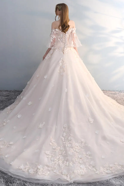 Elegant Floral Tulle Wedding Dress with Train