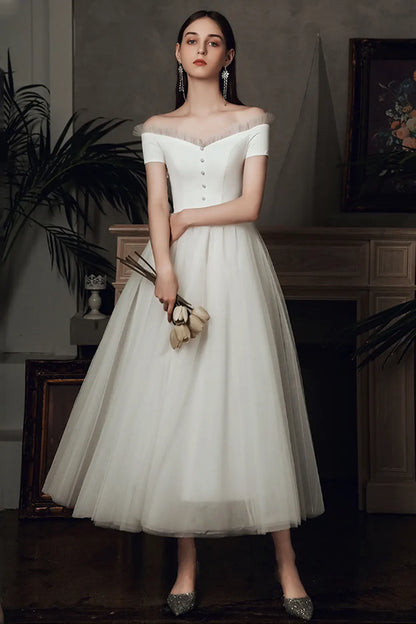 White Elegant Simple Satin Wedding Dress