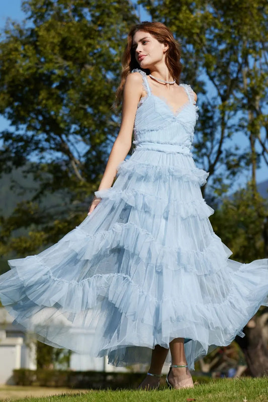 French V-neck layered tulle evening gown