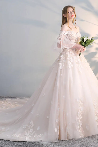 Elegant Floral Tulle Wedding Dress with Train