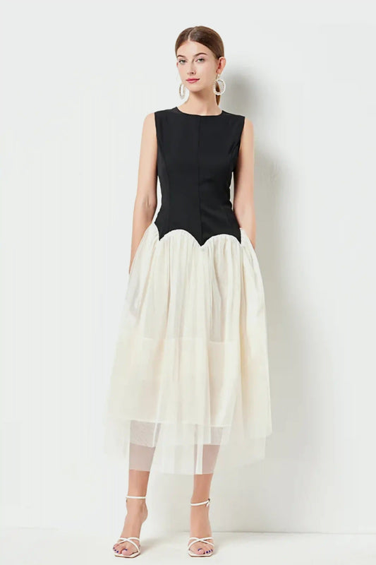 Retro classic contrast color sleeveless tulle dress