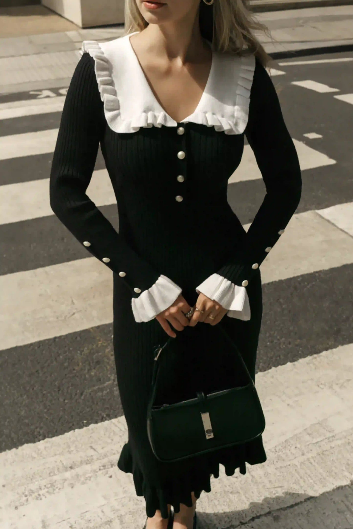 French Elegant Peter Pan Collar Ruffled Long Sleeve Sweater Midi Dress