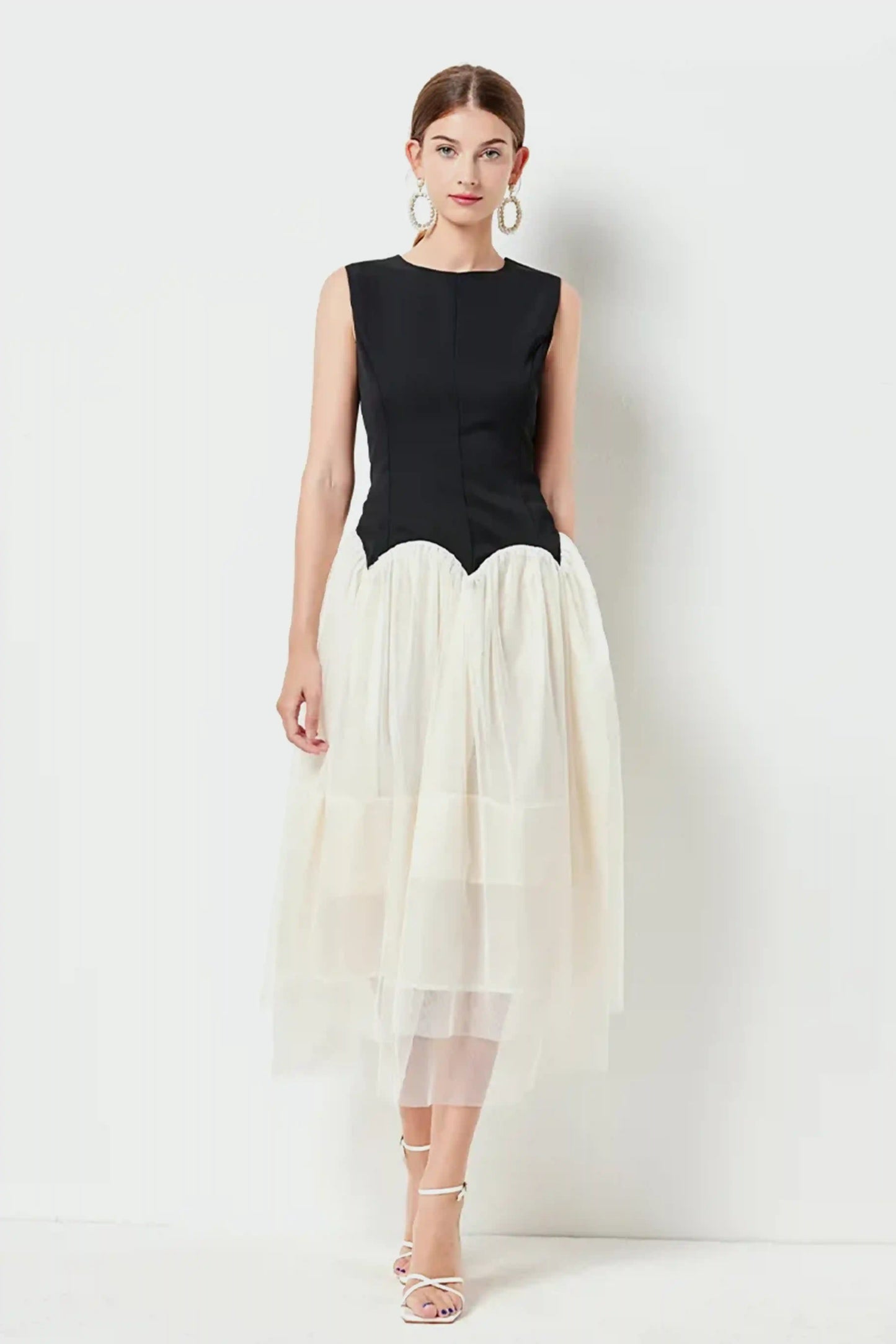 Retro classic contrast color sleeveless tulle dress