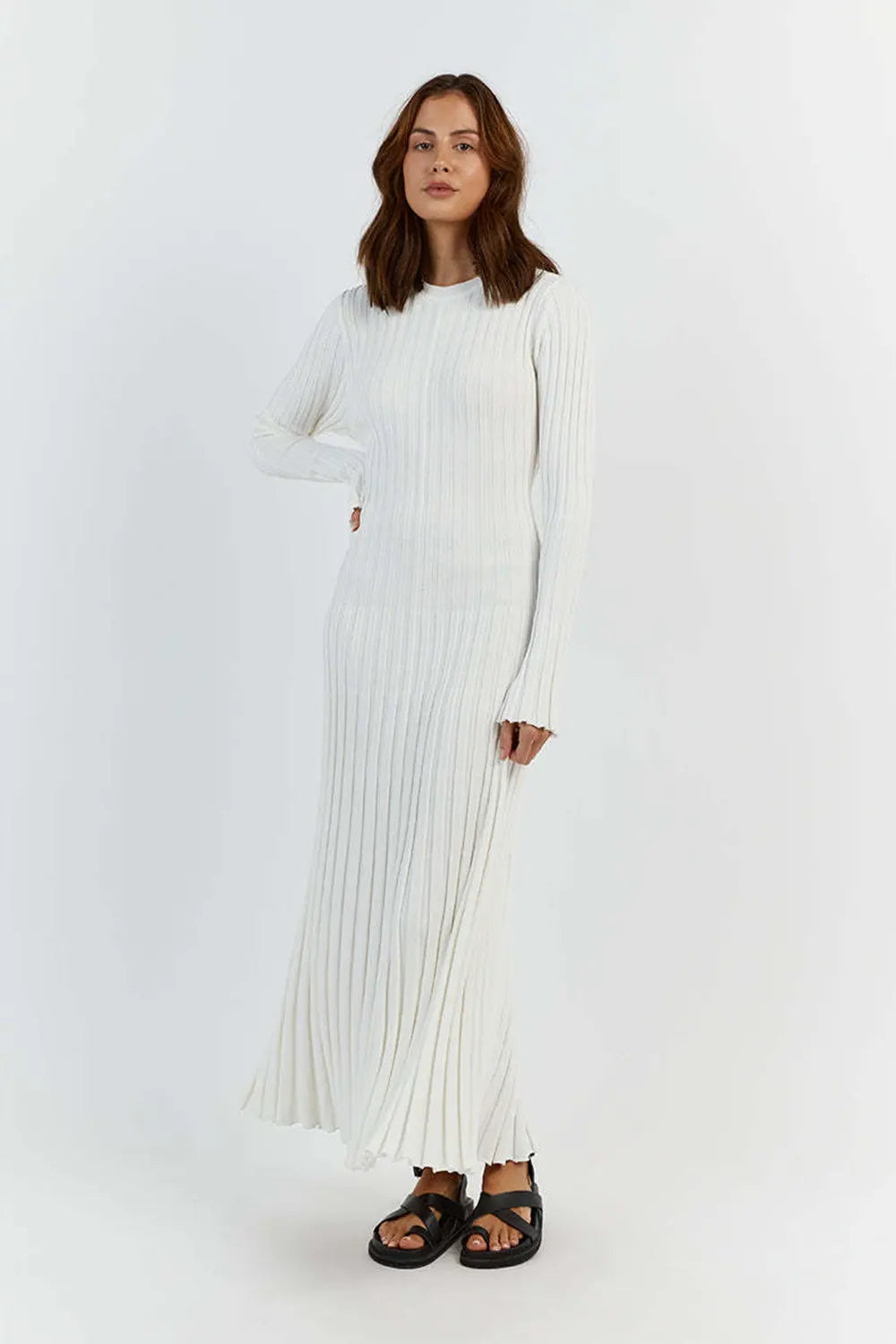 Simple Casual Solid Color Knitted Sweater Midi Dress