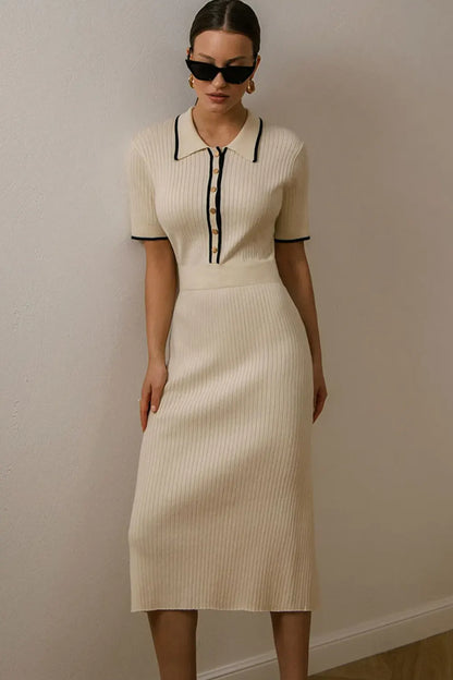 Elegant Vintage Lapel Knitted Sweater Midi Dress