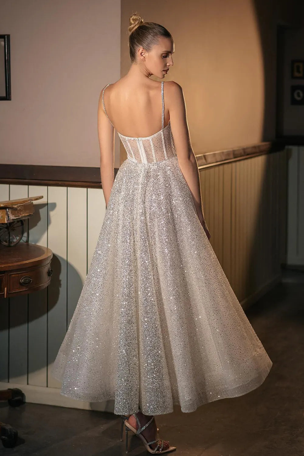 Tulle Sling Evening Dress with Shiny Waist