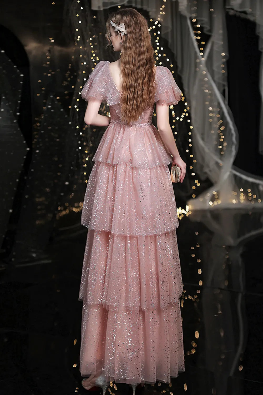 Pink Sparkling Layered Tulle Evening Dress