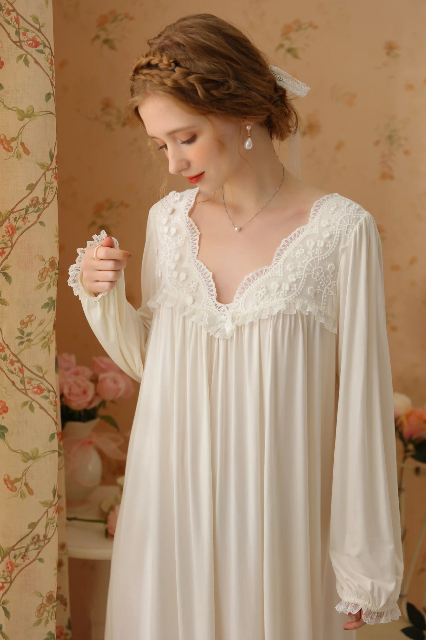 Elegant floral tulle V-neck Nightgown/Home wear