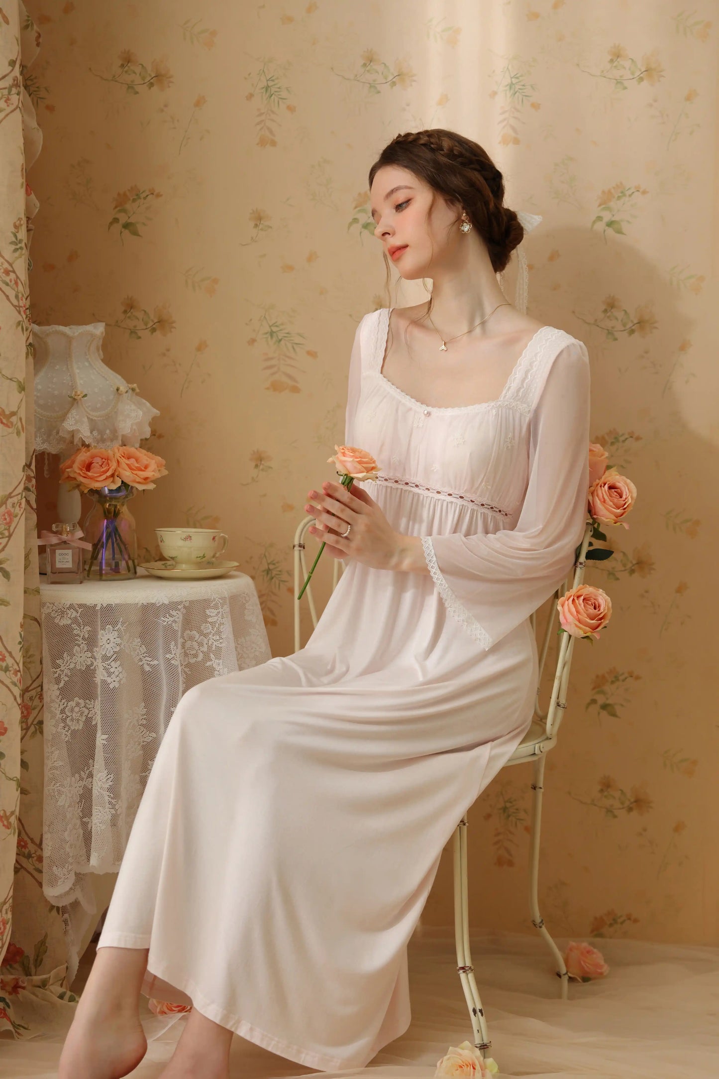 Classic Elegant Sheer Long-Sleeve Nightgown/Home wear